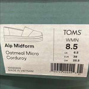 TOMS Alp Midform Oatmeal Micro Corduroy Shoes